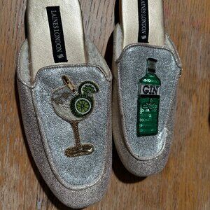 NEW Laines London Classic Mules With Original Green Gin Brooches   Size M 7-8